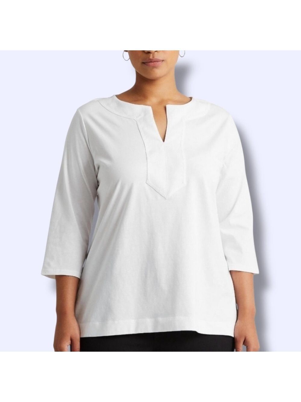 LAUREN RALPH LAUREN 100% Cotton White Split Crew Neck Blouse 3/4 Sleeves Sz 3X